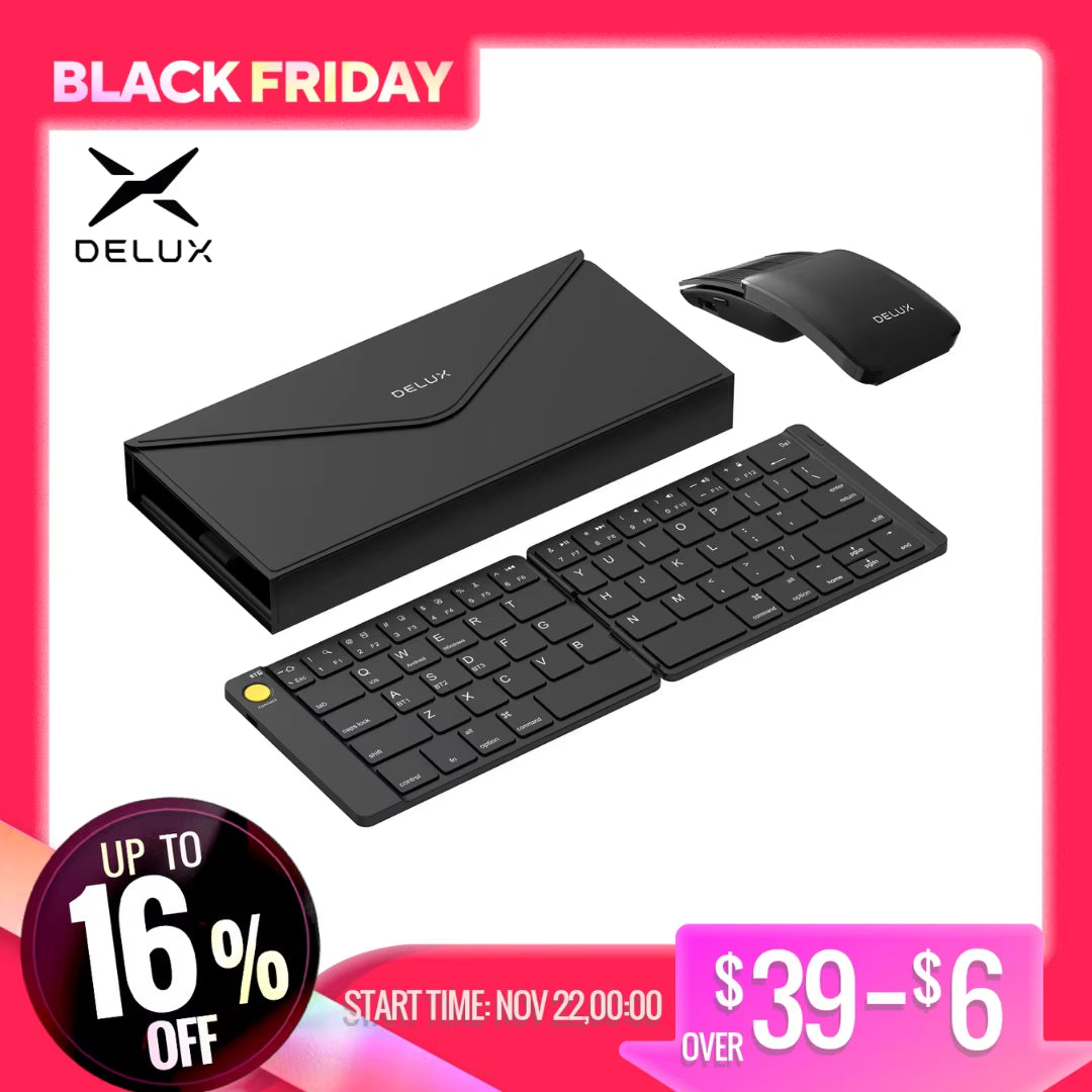 Delux Folding Keyboard Mouse Set Wireless Ultra Slim Portable Silent Kit Multi-Device Support for Windows Android IOS System